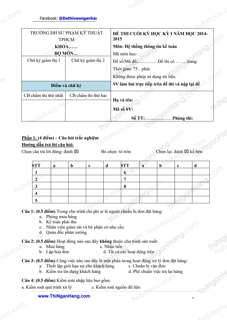 Đề thi và đáp án môn Hệ thống thông tin kế toán