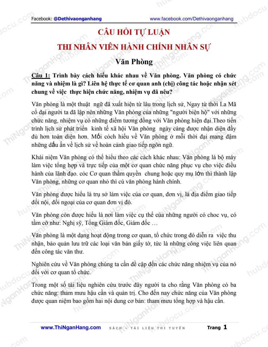 Câu hỏi tự luận - Thi NV Hành chính nhân sự (Có Đáp án)