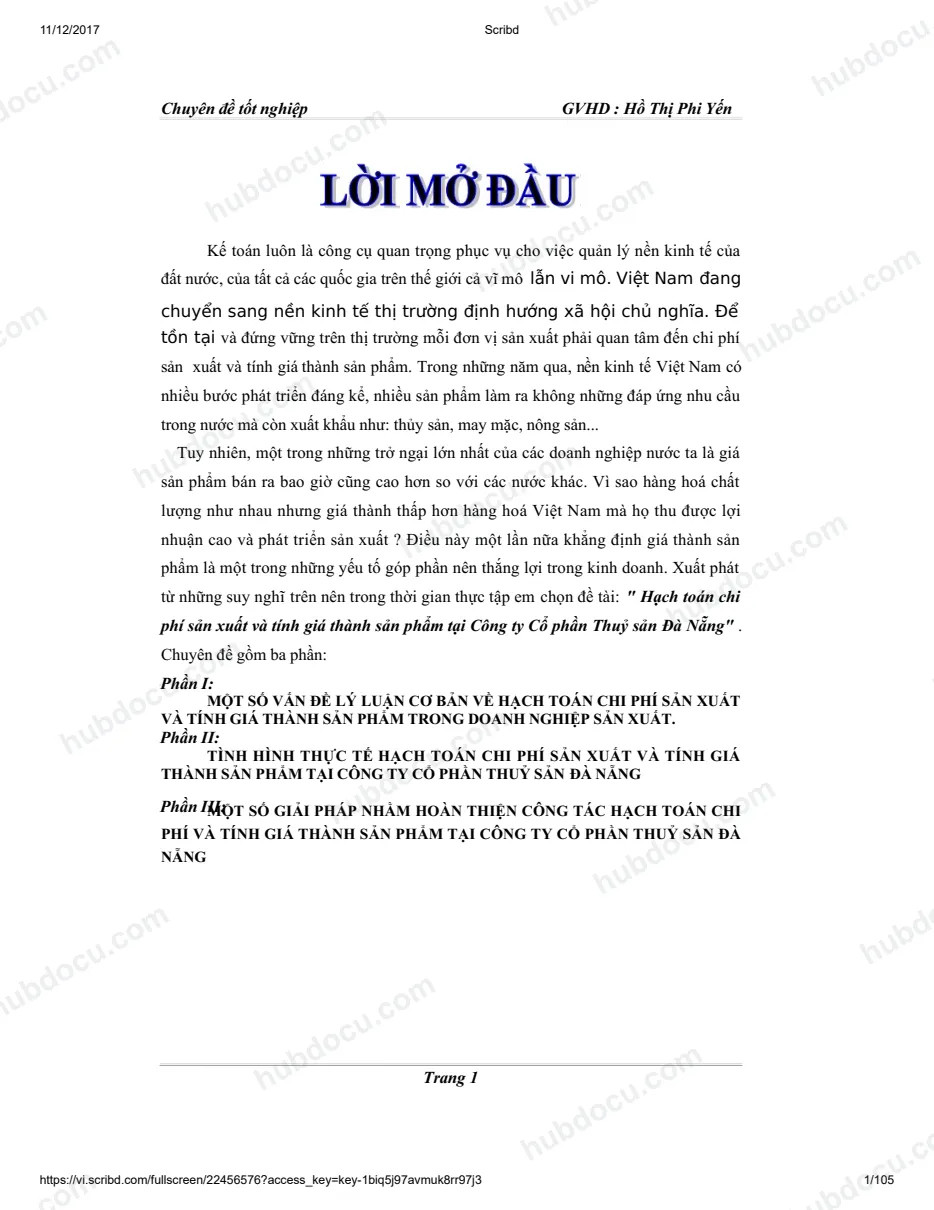 Luận văn Hạch toán chi phí sản xuất và tính giá thành sản phẩm tại Công ty Cổ phần Thuỷ sản Đà Nẵng