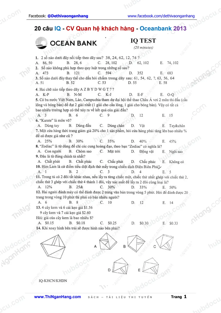 Đề thi IQ CV Quan Hệ Khách Hàng Oceanbank