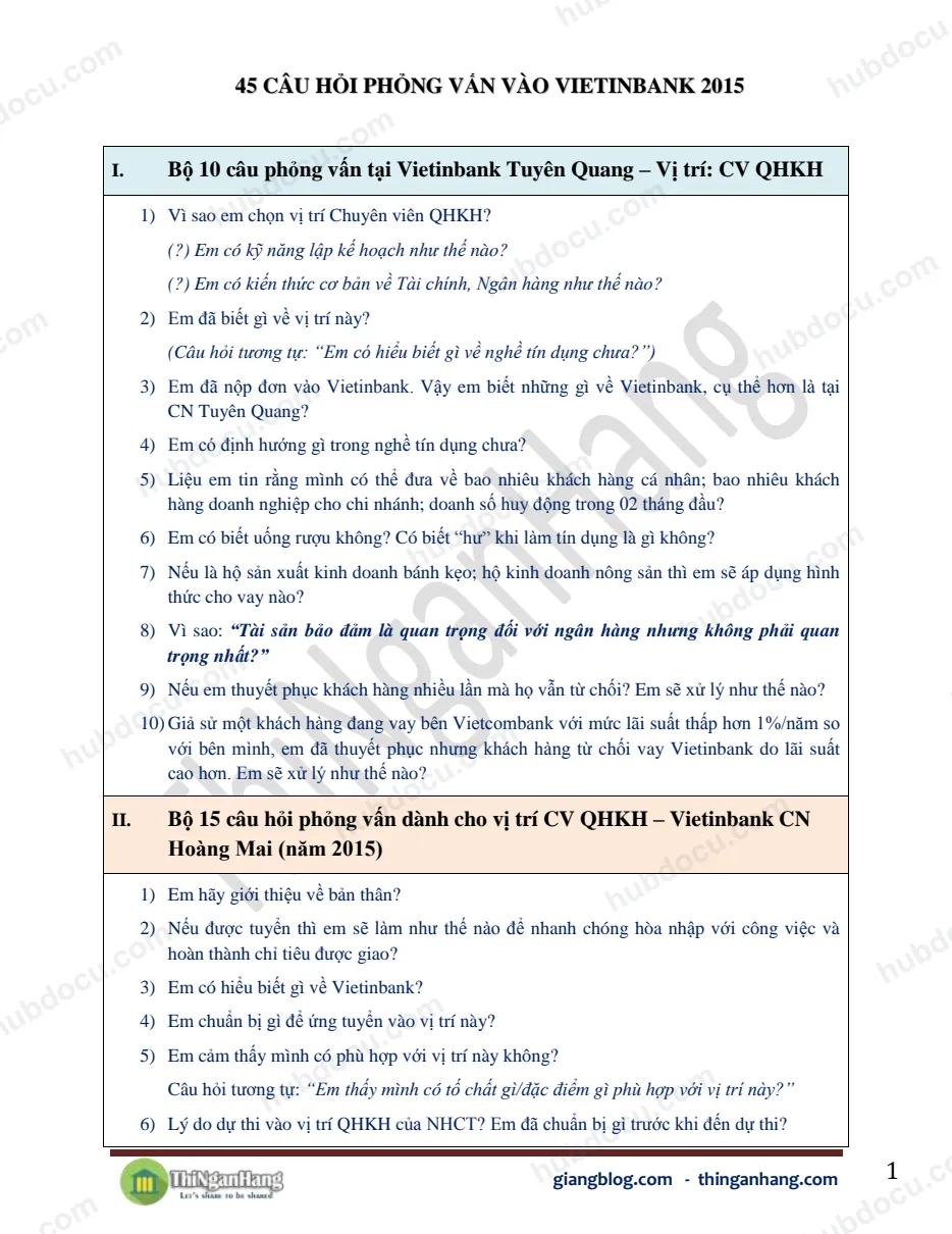 45 câu hỏi phỏng vấn vào Vietinbank