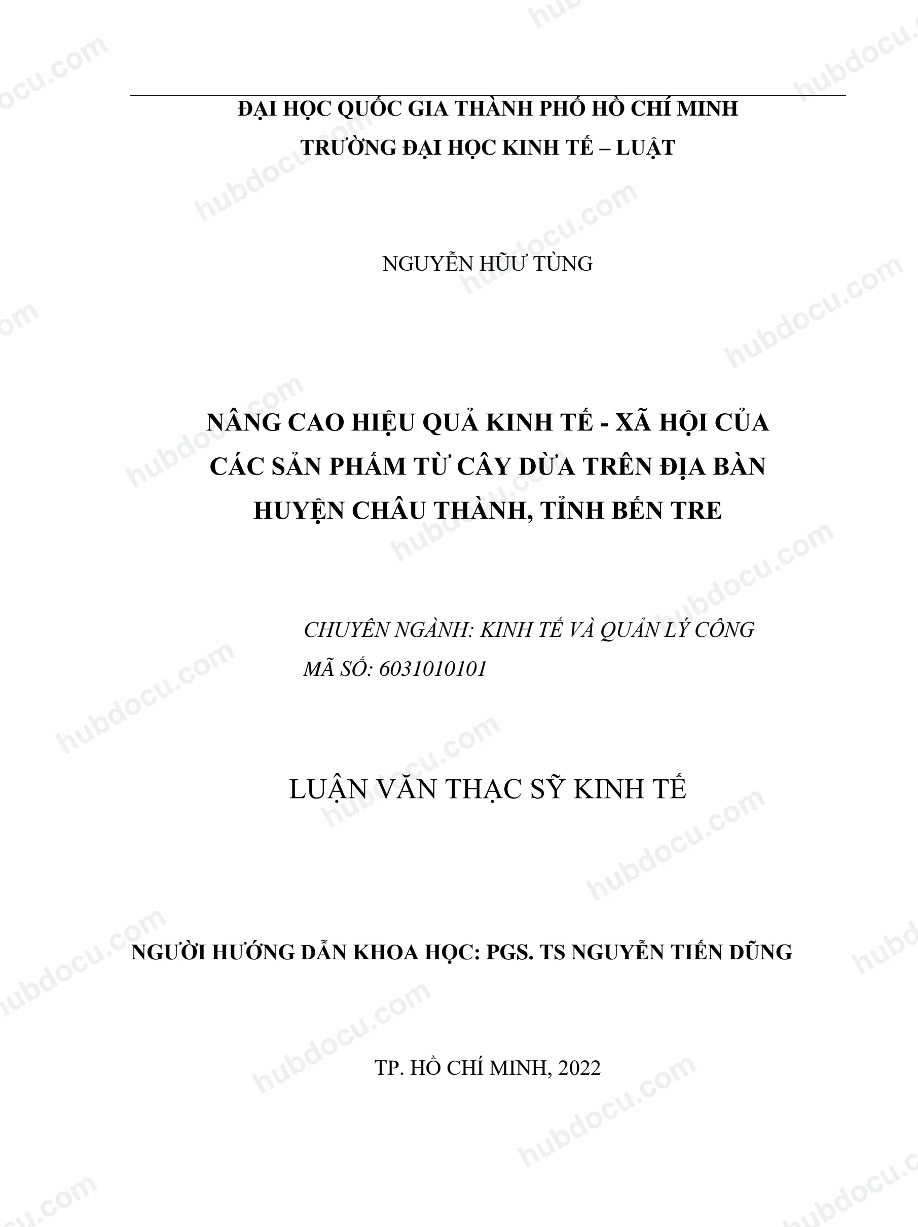 Luận văn thạc sĩ Nâng cao hiệu quả kinh tế xã hội của các sản phẩm từ cây dừa trên địa bàn huyện Châu Thành, tỉnh Bến Tre