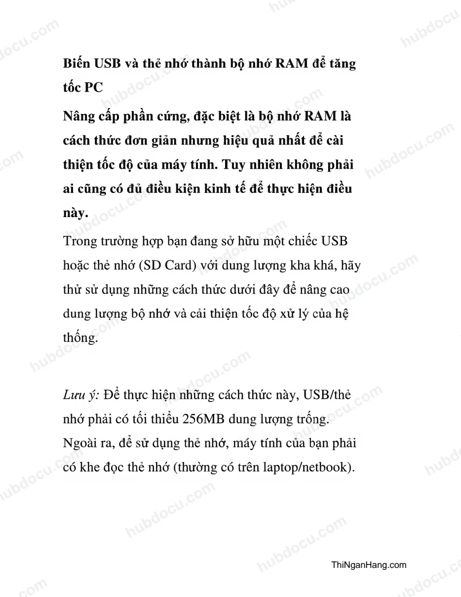 Biến USB và thẻ nhớ thành bộ nhớ Ram để tăng tốc PC