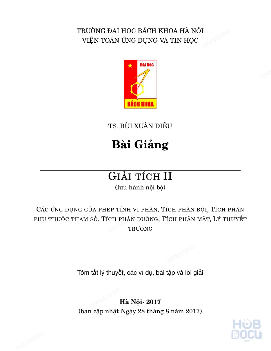 Bài giảng Giải tích 2 (HUST) - TS.Bùi Xuân Diệu