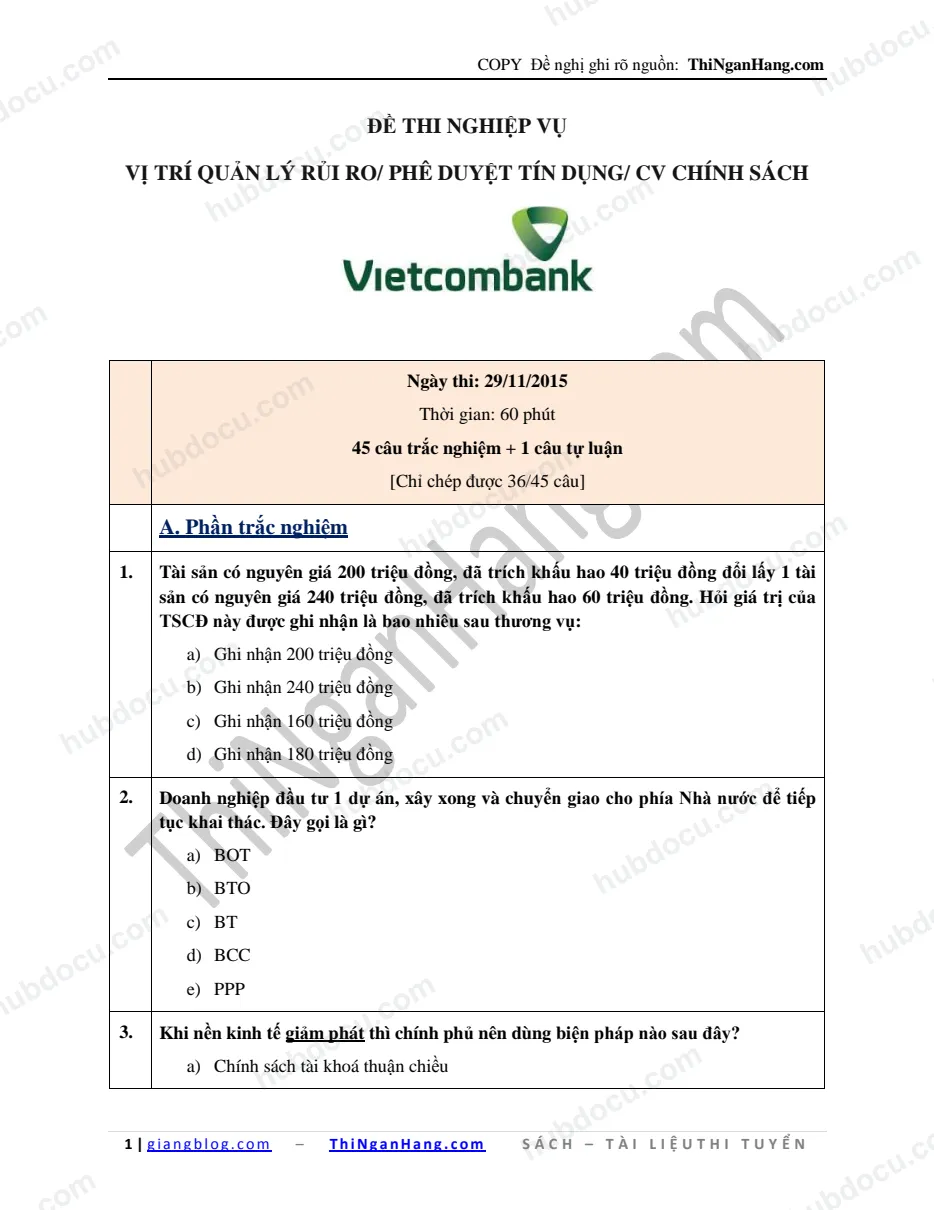 Giải đề Vietcombank (VCB) - Vị trí QLRR-Phê duyệt TD-CV Chính sách (29-11-2015)