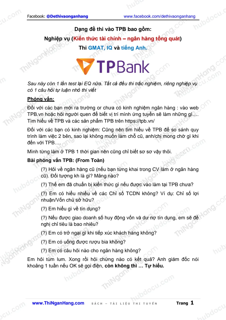 Kinh nghiệm thi và phỏng vấn, dạng bài thi TPBank (TienPhongBank)