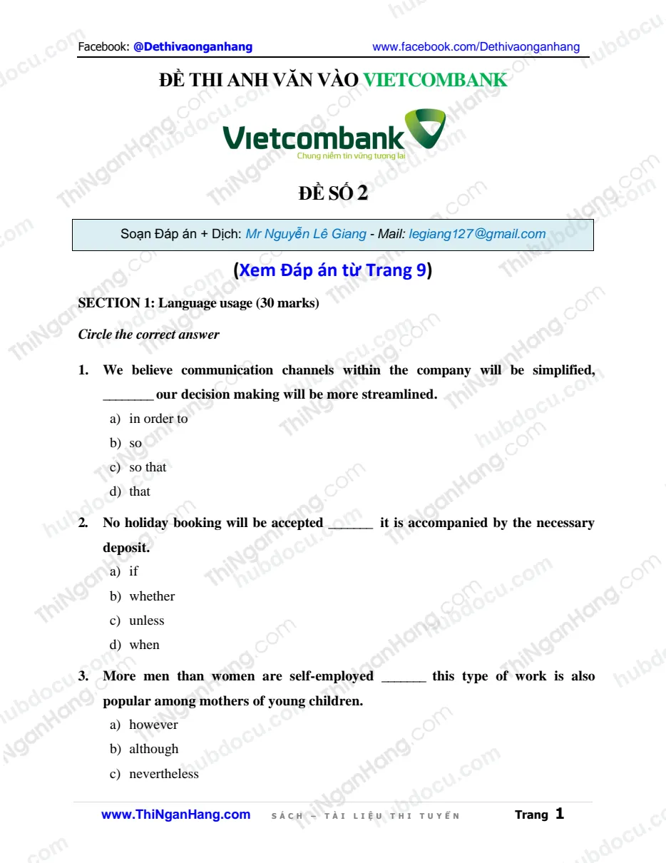 Đề thi Anh Văn vào Vietcombank (Đề số 2) (kèm Đáp án và Dịch)