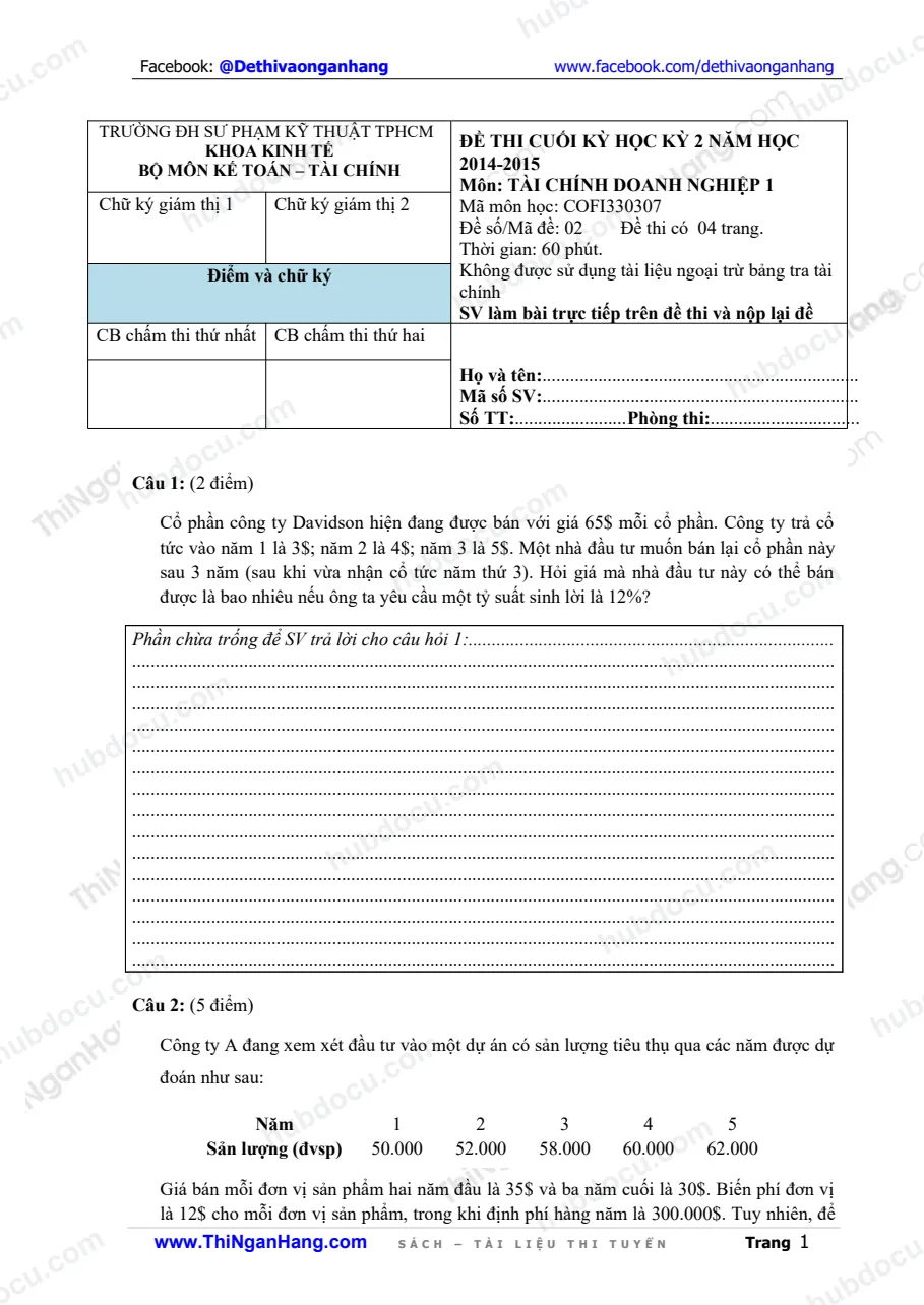 Đề thi môn Tài chính doanh nghiệp 1 (Có Đáp án)