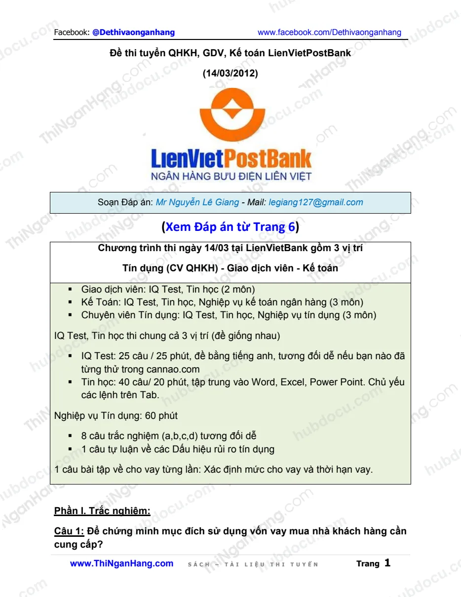 Đáp án Đề thi QHKH, Giao dịch viên, Kế toán vào LienVietPostBank (LVPB) 2012