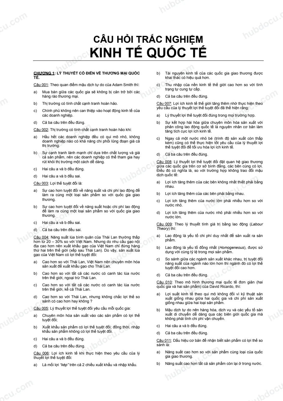 239 câu hỏi trắc nghiệm Kinh tế quốc tế (không kèm đáp án)