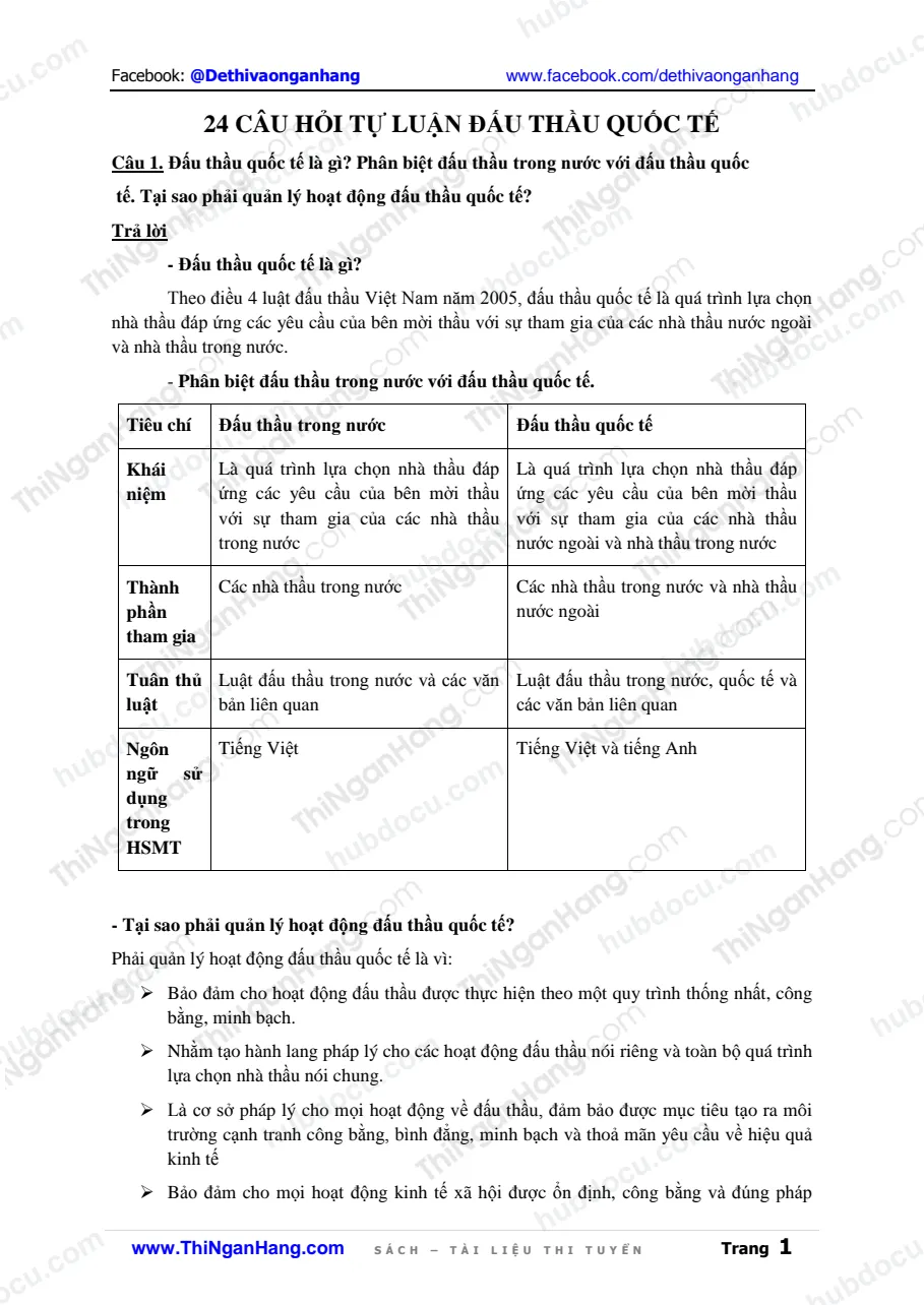 24 câu hỏi tự luận về Đấu thầu quốc tế (kèm đáp án)
