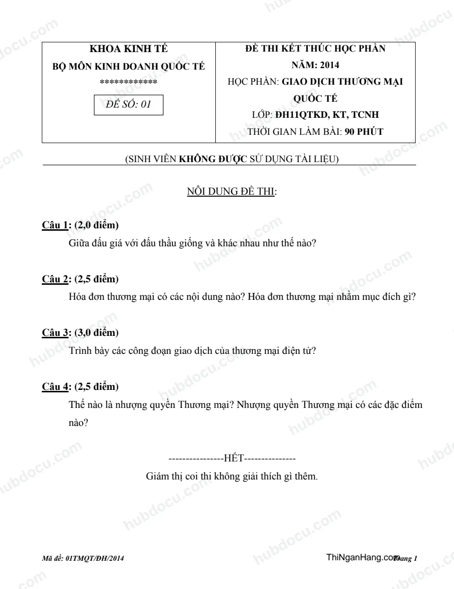 Đề thi và Đáp án Giao dịch Thương mại quốc tế