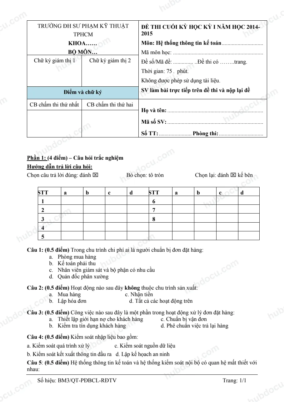 Đề thi và Đáp án môn Hệ thống thông tin kế toán - ĐH SP Kỹ thuật TP.HCM