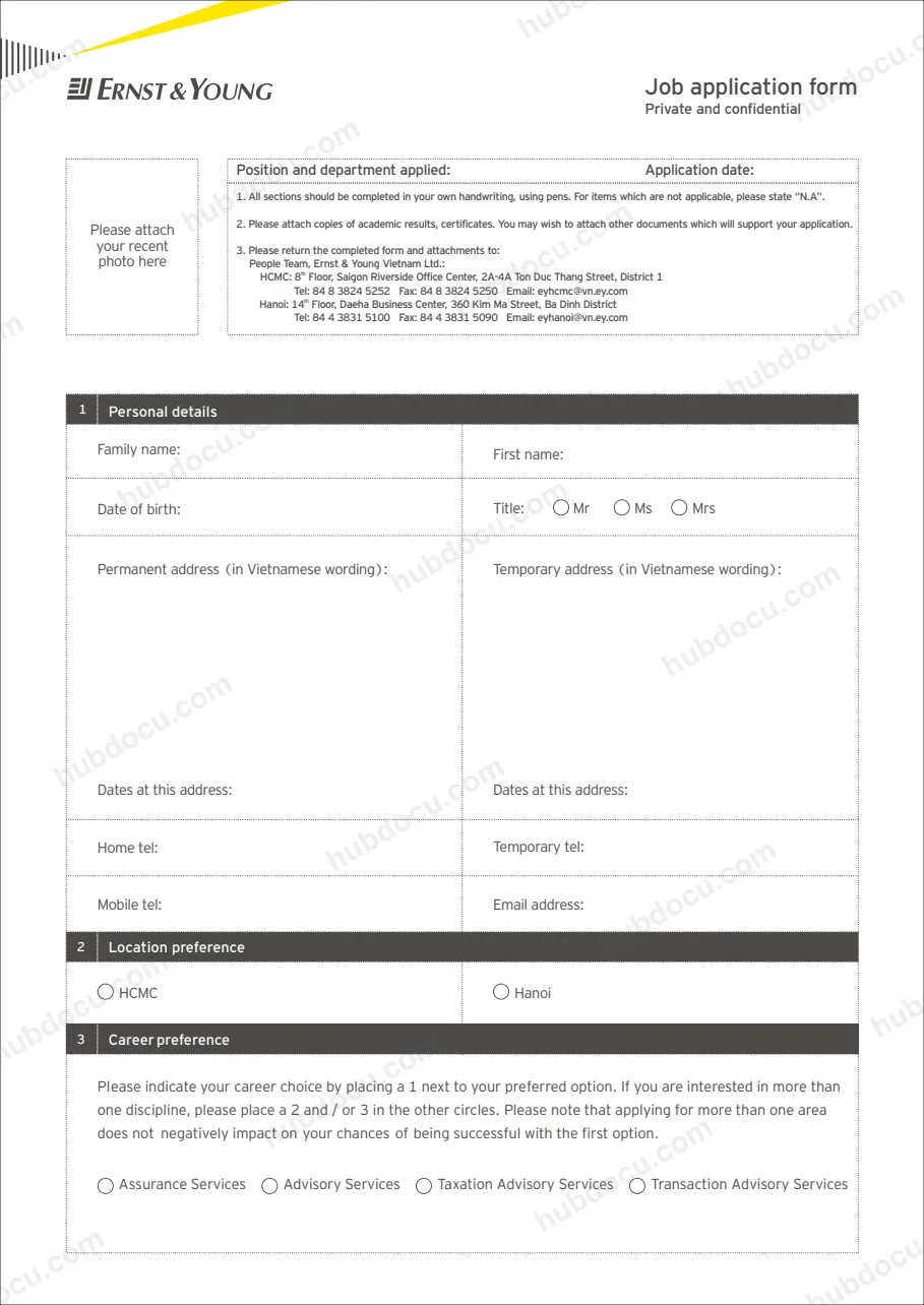 Mẫu CV Ernst and Young (Job application form EY)