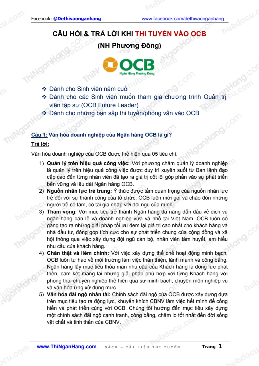 Câu hỏi và Trả lời khi thi tuyển vào OCB (Ngân hàng Phương Đông)