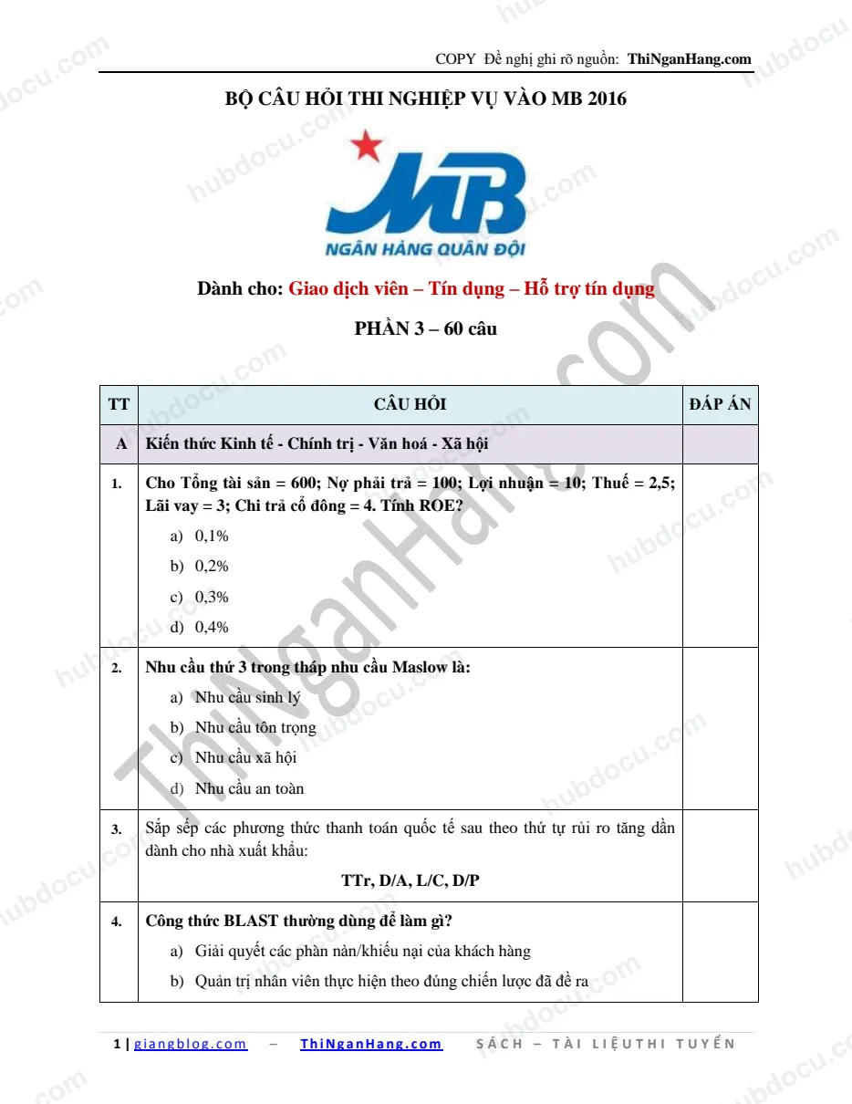 Bộ câu hỏi thi MB 2016 (Phần 3) (GDV+Tín dụng+HTTD) (Có Đáp án)