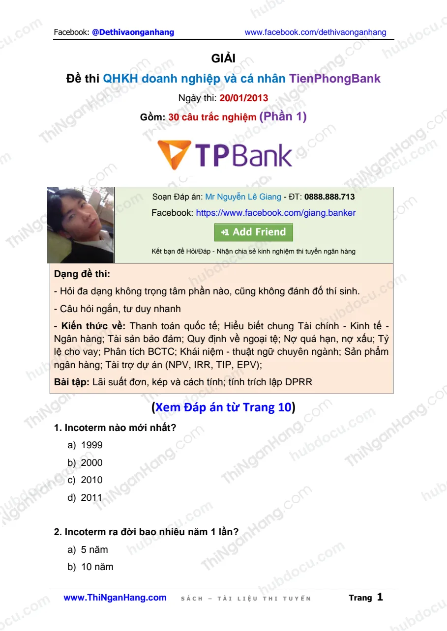 Giải đề QHKH Doanh nghiệp và Cá nhân Tiên Phong Bank (TPBank) 2013 (Phần 1)