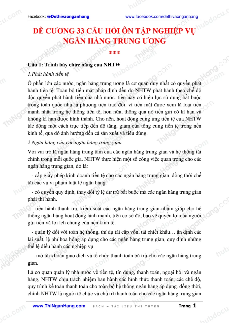 Đề cương 33 câu hỏi nghiệp vụ Ngân hàng Trung ương (kèm Trả lời)