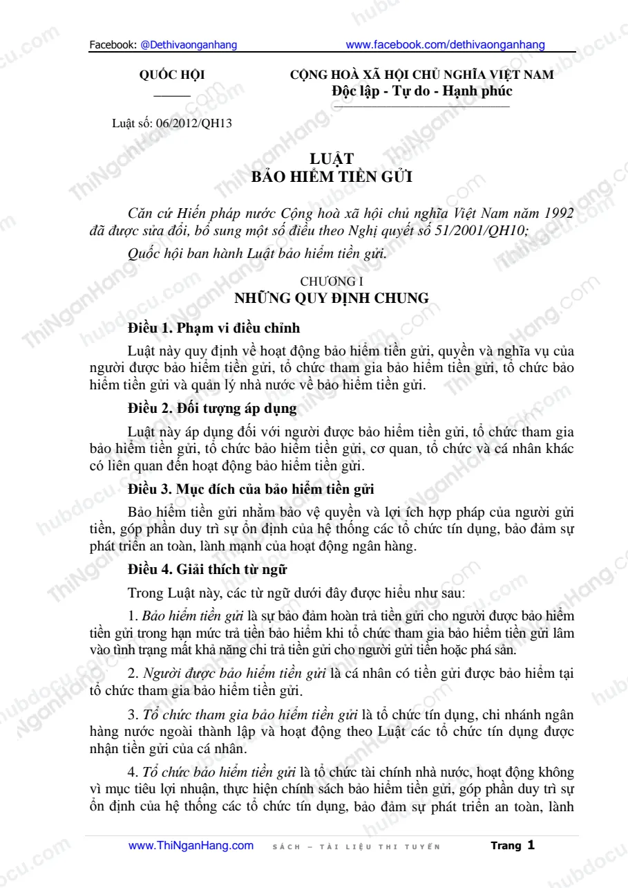 Luật bảo hiểm tiền gửi 2013 - Luật 06.2012.QH13 hiệu lực từ 1-1-2013