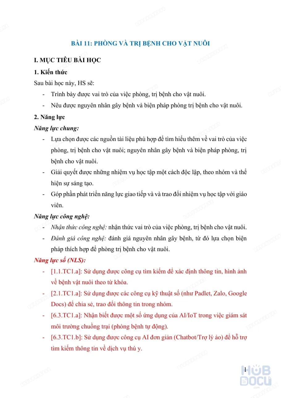 Giáo án Năng lực số (Công nghệ 7) - Bài 11.Phòng và trị bệnh cho vật nuôi