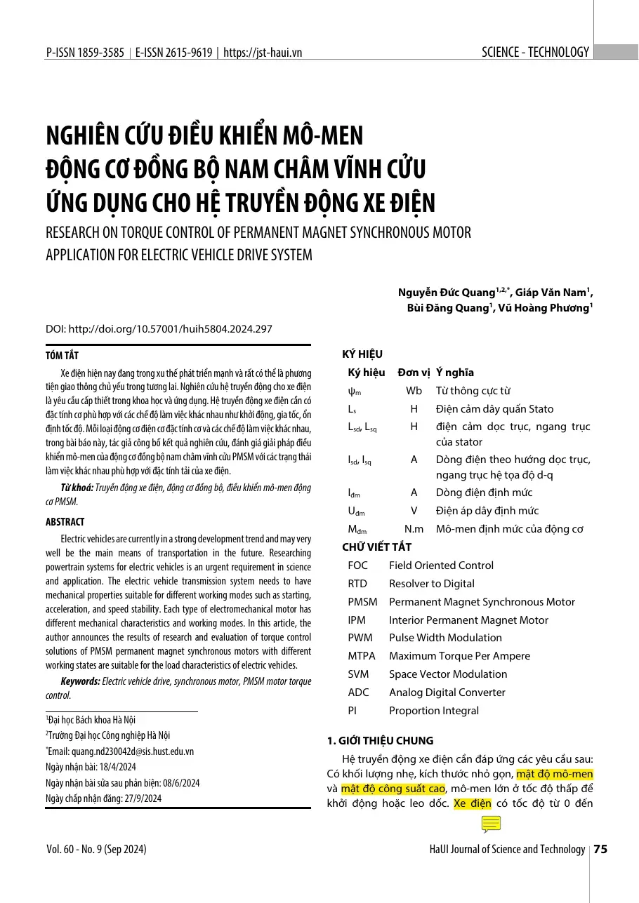 Nghiên cứu điều khiển mô-men động cơ đồng bộ nam châm vĩnh cửu - TS.Nguyễn Đức Quang