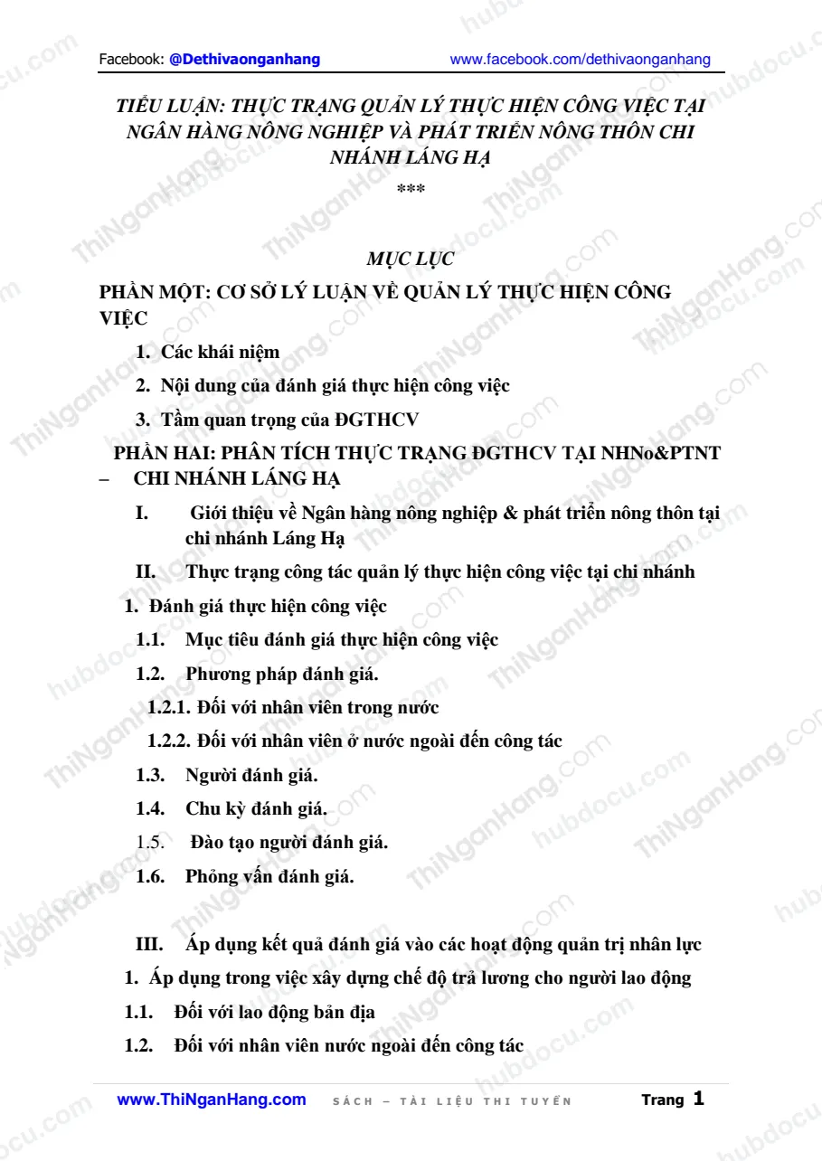 Tiểu luận - Thực trang quản lý thực hiện công việc tại NH Nông nghiệp và PT Nông thôn (Agribank) CN Láng Hạ