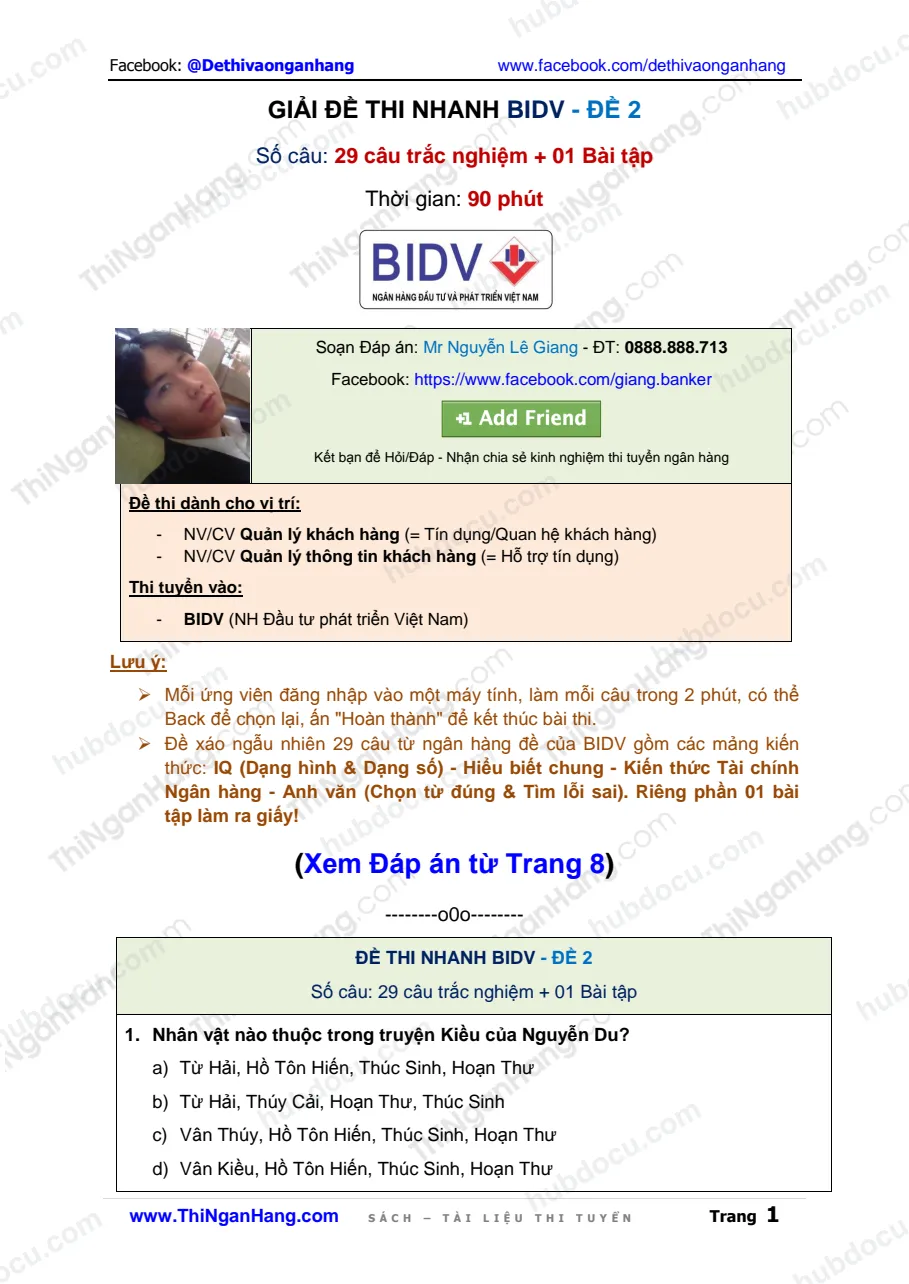 Giải đề thi nhanh BIDV (29 trắc nghiệm + 1 Bài tập) - Đề 2