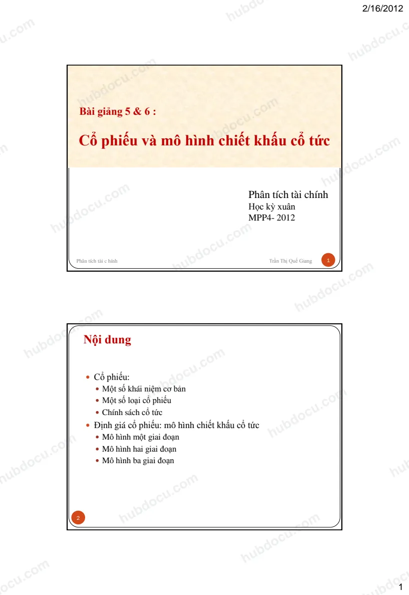 Bài giảng 5 và 6 - Cổ phiếu và Mô hình chiết khấu cổ tức