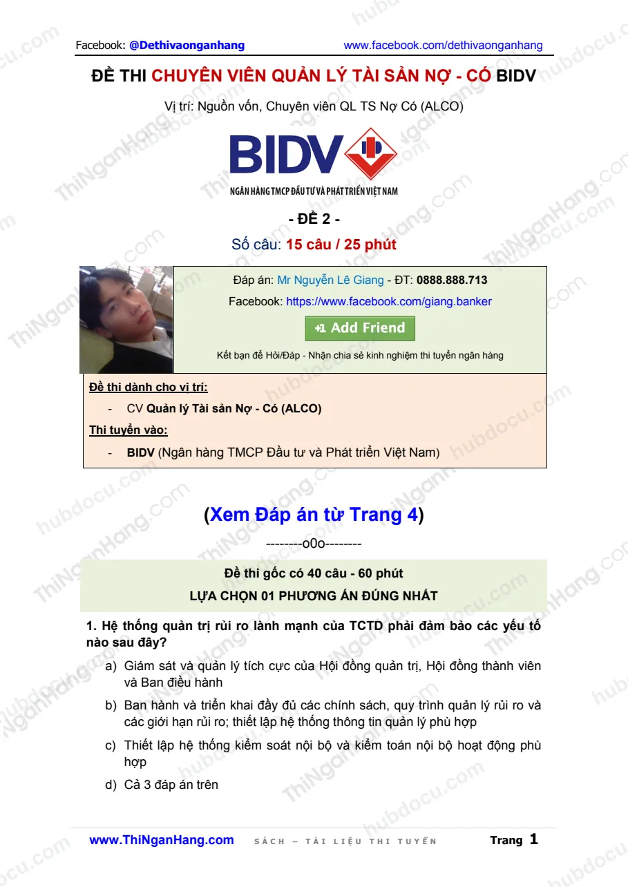 Giải Đề thi CV Quản lý Tài sản Nợ Có BIDV - Đề 2