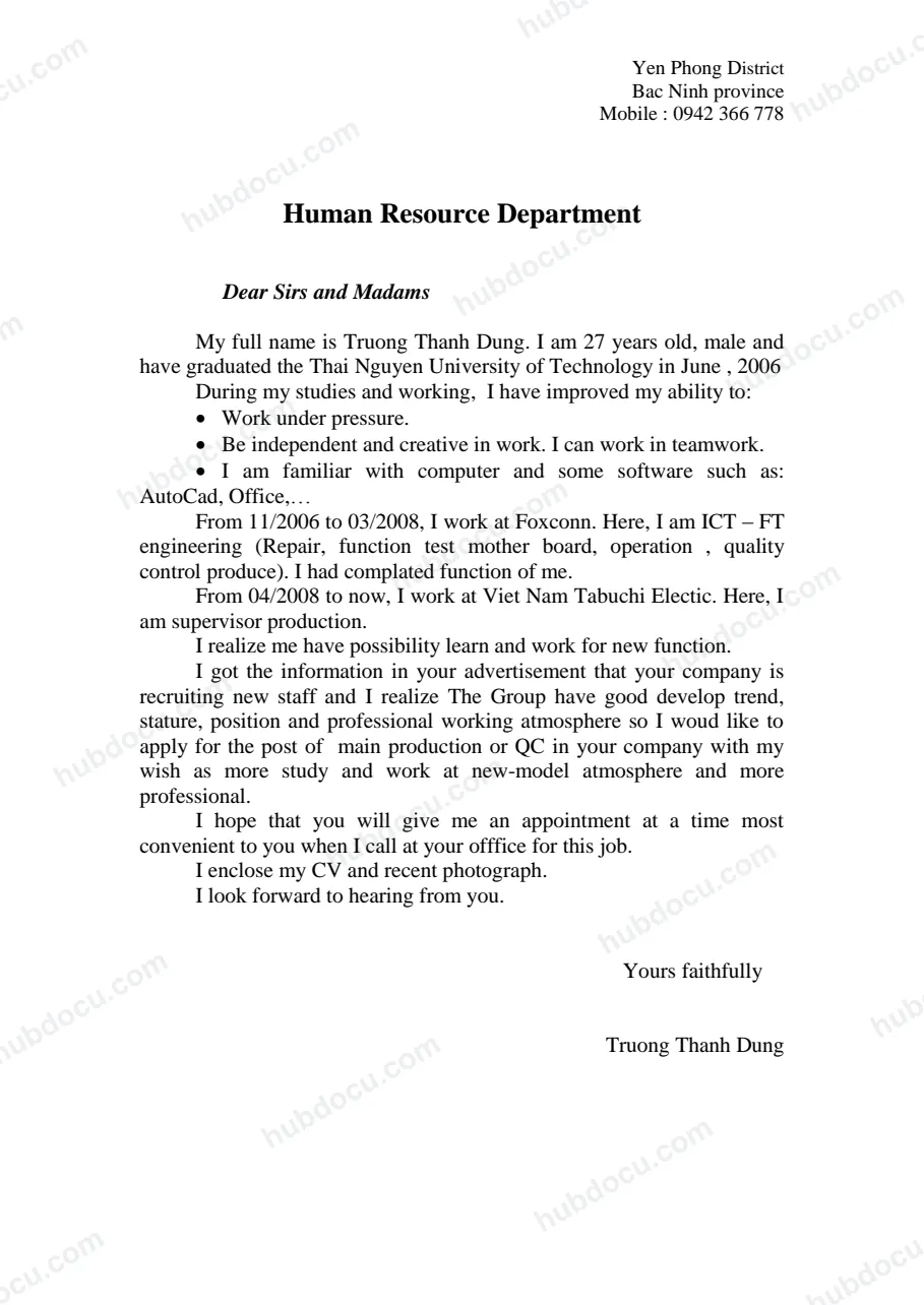 Đơn xin việc bằng tiếng Anh - Cover Letter