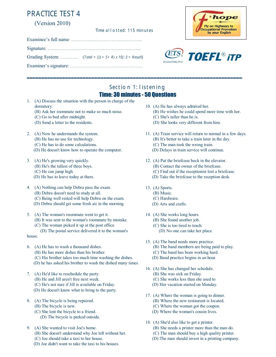 TOEFL iTP Practice test 4 (Test 4)