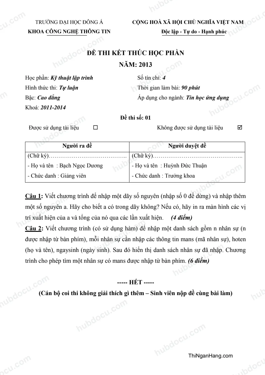Đáp án đề thi môn Kỹ thuật lập trình - ĐH Đông Á