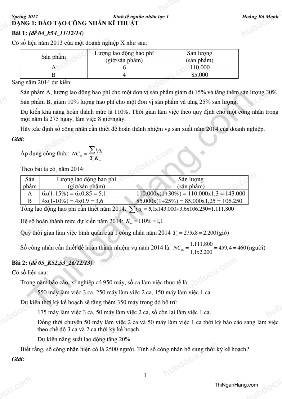 Bài tập Kinh tế nguồn nhân lực (KTNNL) 1 (Có lời giải)