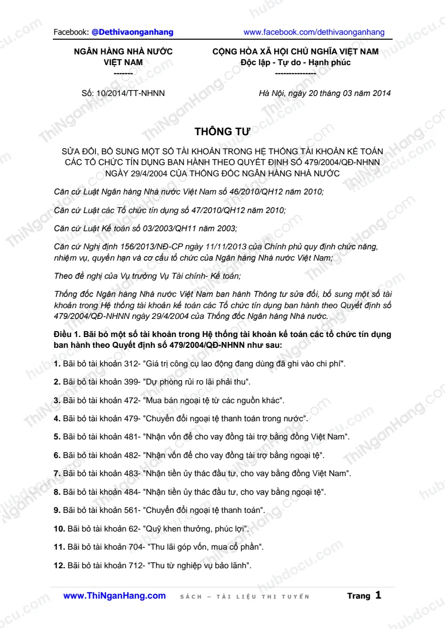 Hệ thống tài khoản kế toán các TCTD (Theo TT10/2014 ngày 20-3-2014)