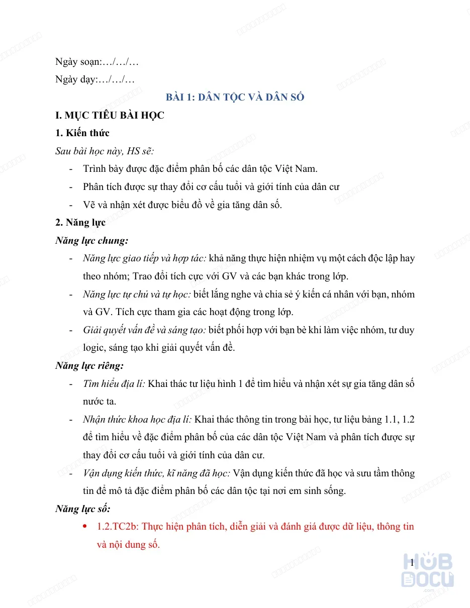 Giáo án Năng lực số (Địa lý 9) - Bài 1.Dân tộc và dân số