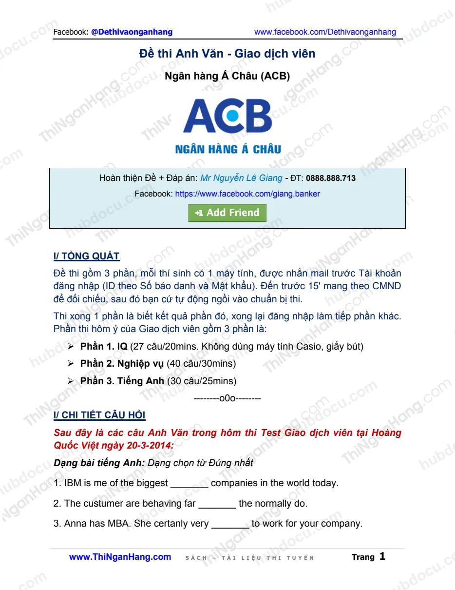 Đề thi Anh Văn Giao dịch viên (Teller) ACB (NH Á Châu) 20-3-2014