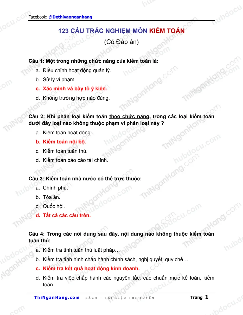 123 câu trắc nghiệm môn Kiểm toán (Có đáp án)