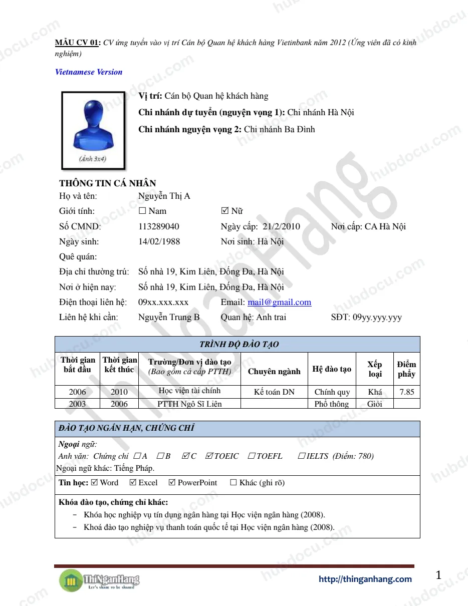 03 mẫu CV ngân hàng (song ngữ Việt - Anh)