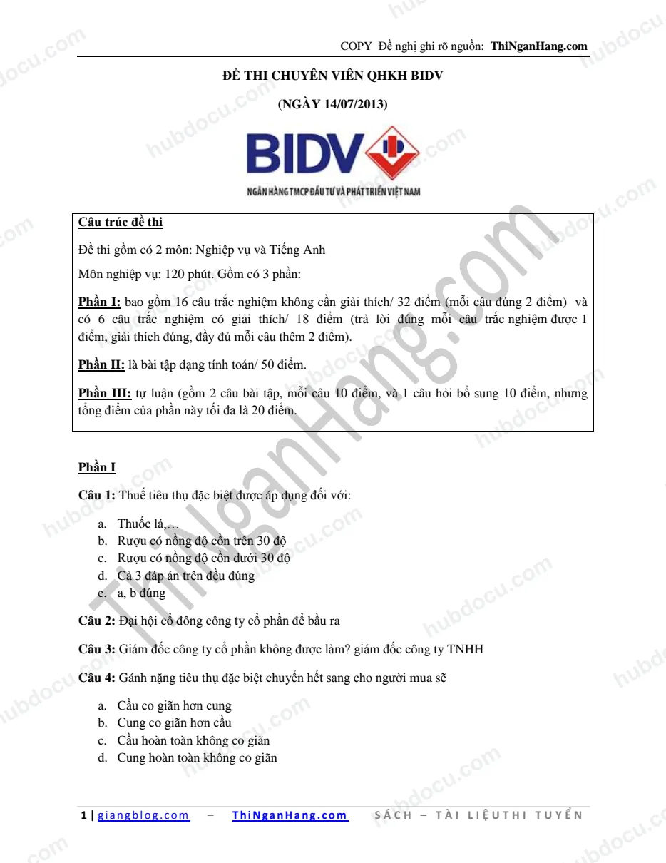 Đề thi CV Quản lý khách hàng BIDV (14-7-2013)