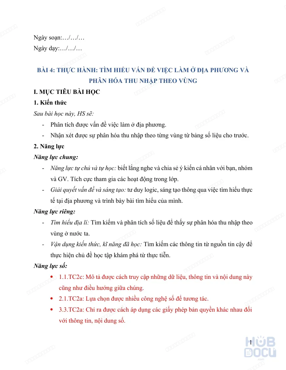 Giáo án Năng lực số (Địa lý 9) - Bài 4.Thực hành Tìm hiểu vấn Đề việc làm ở địa phương và phân hóa thu nhập theo vùng