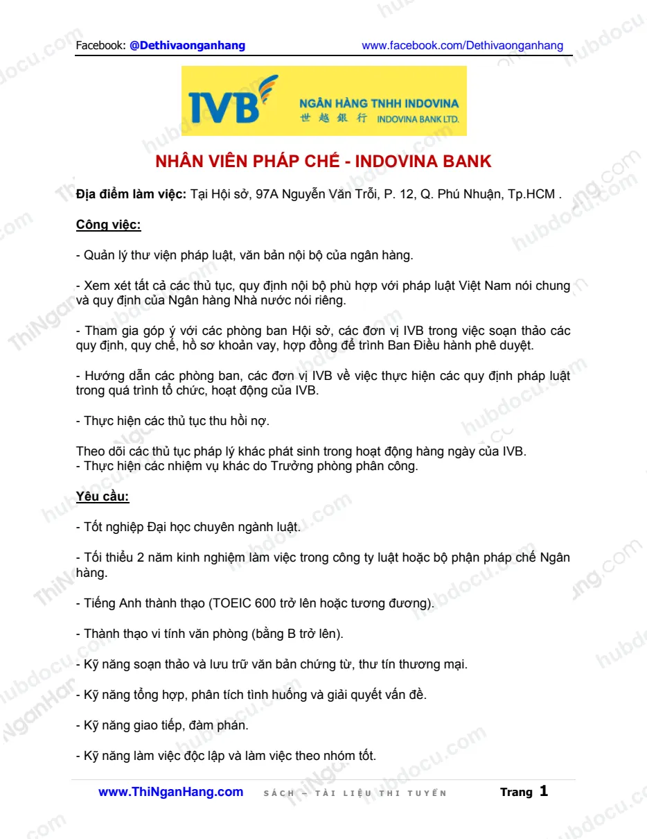 Mô tả công việc và Yêu cầu vị trí Nhân viên Pháp chế Indovina Bank