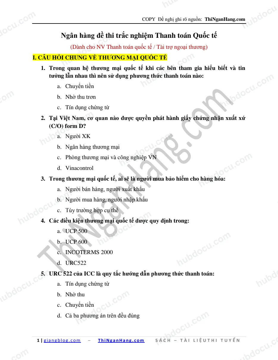 Ngân hàng câu hỏi thi Thanh toán quốc tế (Cho vị trí NV Tài trợ thương mại)