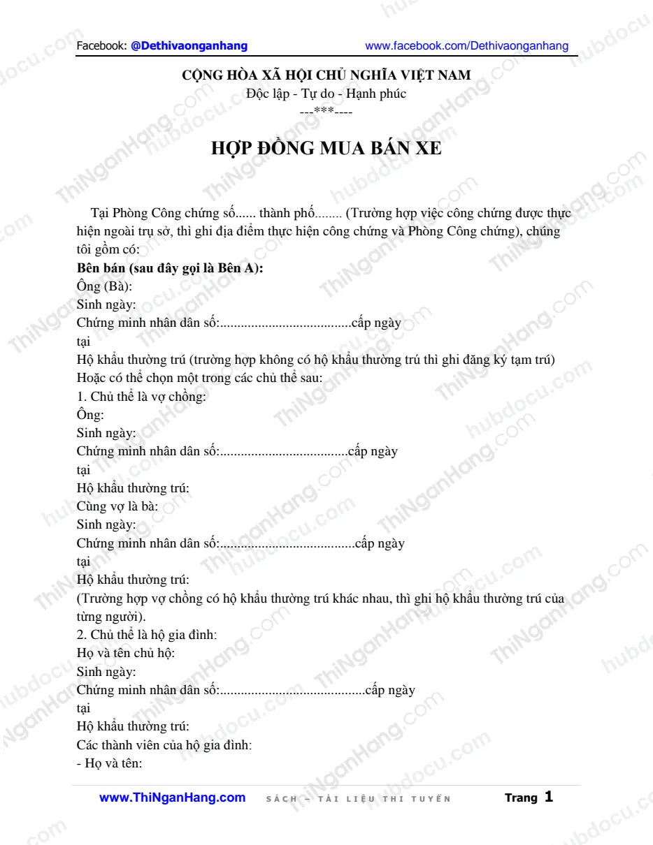 Mẫu Hợp đồng mua bán xe