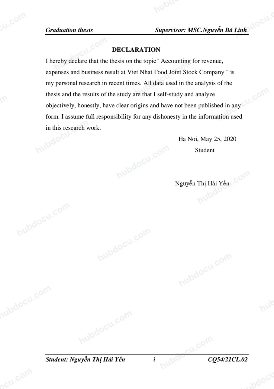Luận văn tốt nghiệp kế toán (full tiếng Anh) - Accounting for revenue, expenses and business results from the perspective of financial accounting at Viet Nhat Food Joint Stock Company