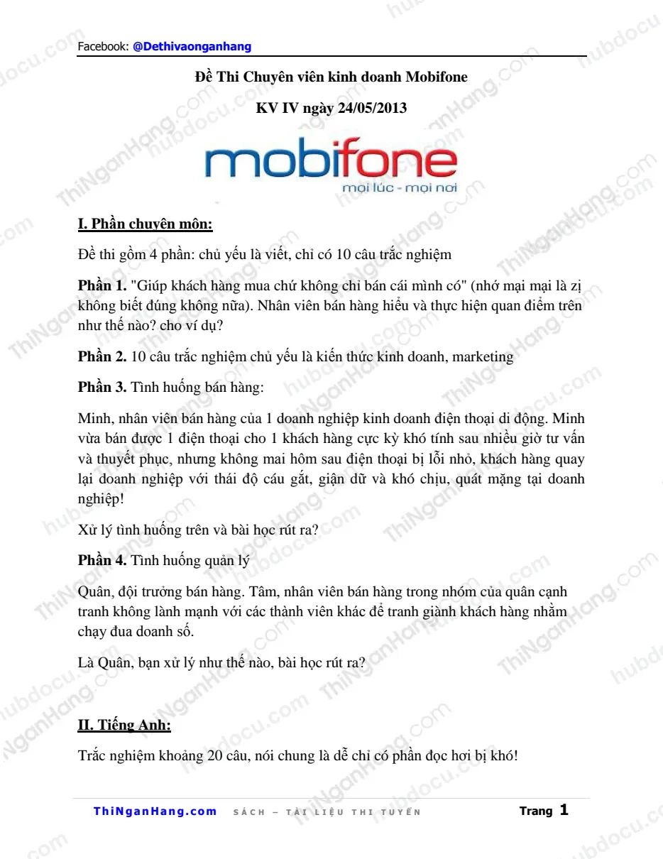 Đề thi Mobifone khu vực 4 ngày 24-5-2013