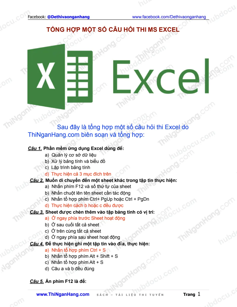 Tổng hợp một số câu hỏi thi Excel (Có Đáp án)