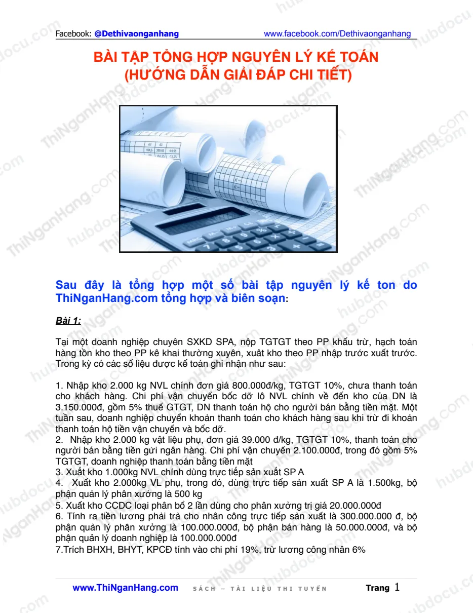 Bài tập tổng hợp Nguyên lý Kế toán (Hướng dẫn giải và Đáp án chi tiết)