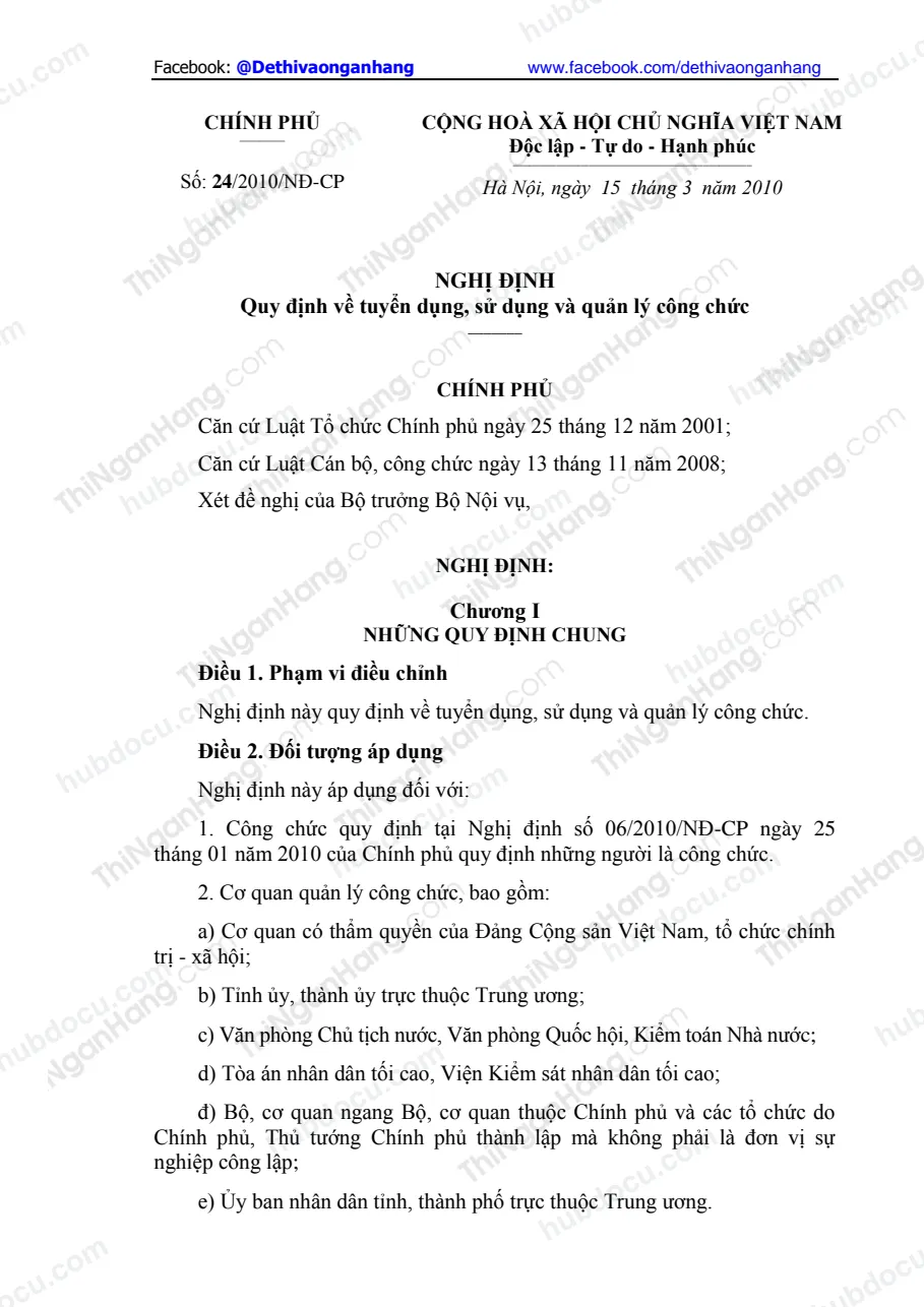 Nghị định 24-2010-NĐCP ngày 15-3-2010 về Tuyển dụng, sử dụng và quản lý công chức