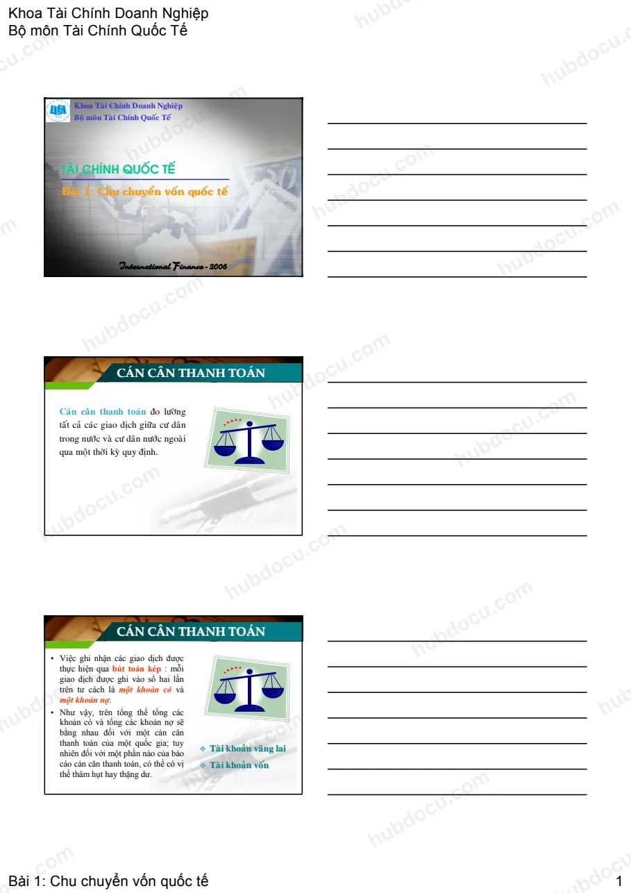 Bài 1. Chu chuyển vốn quốc tế - Slide Tài chính quốc tế (Đại học Kinh Tế)