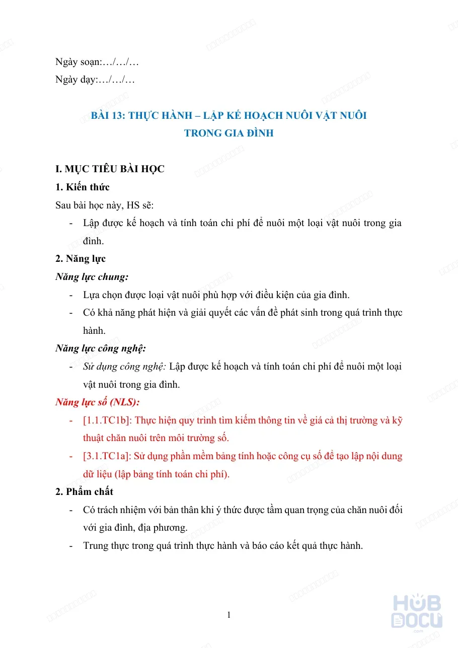 Giáo án Năng lực số (Công nghệ 7) - Bài 13.Thực hành Lập kế hoạch nuôi vật nuôi trọng gia đình